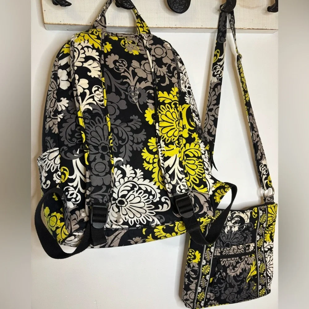 Vera Bradley Black Gray Yellow Floral Backpack & Crossbody Set